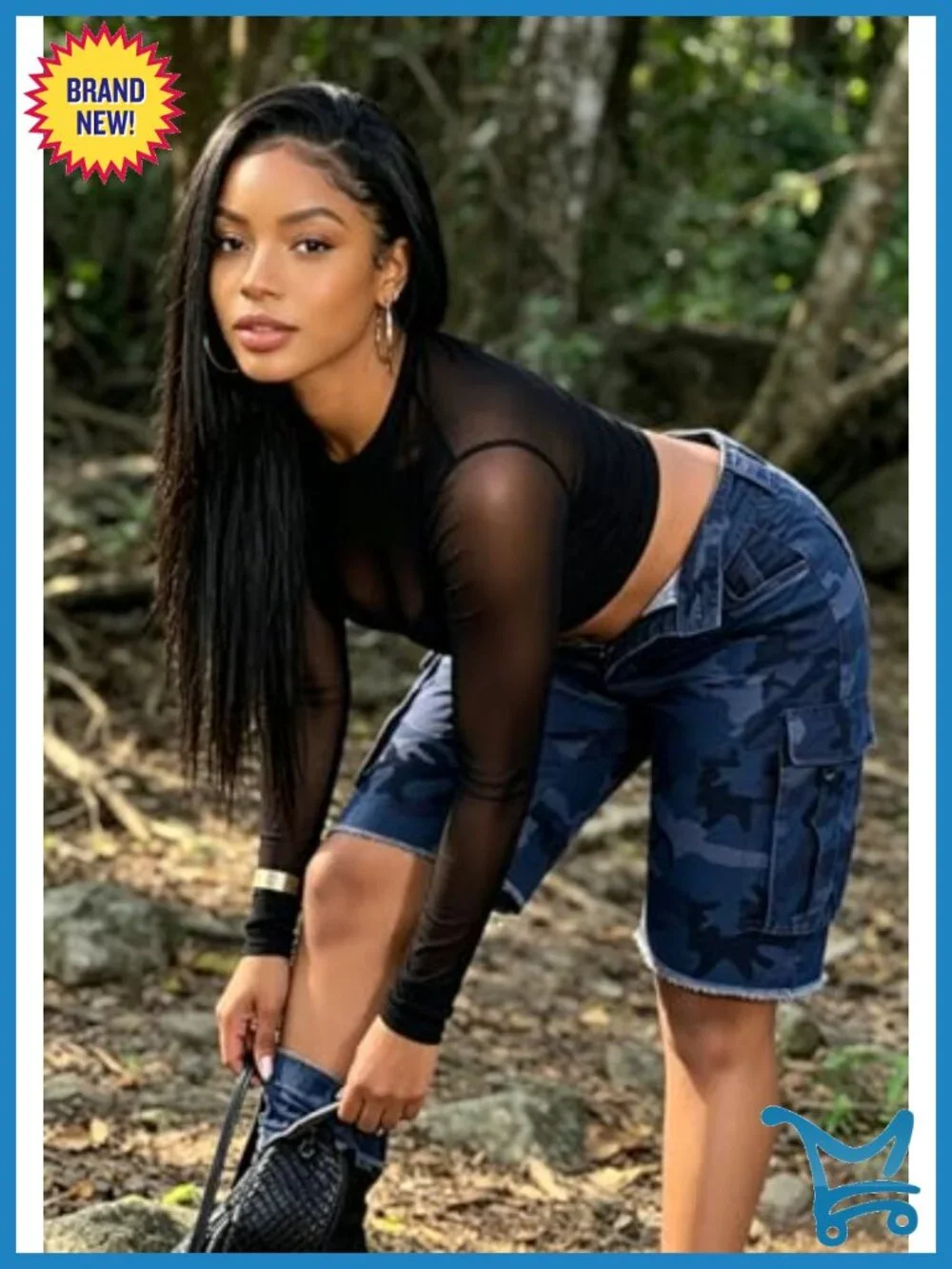 High Waisted Camo Cargo Bermuda Shorts - Wide Leg Stretchy Denim Jorts